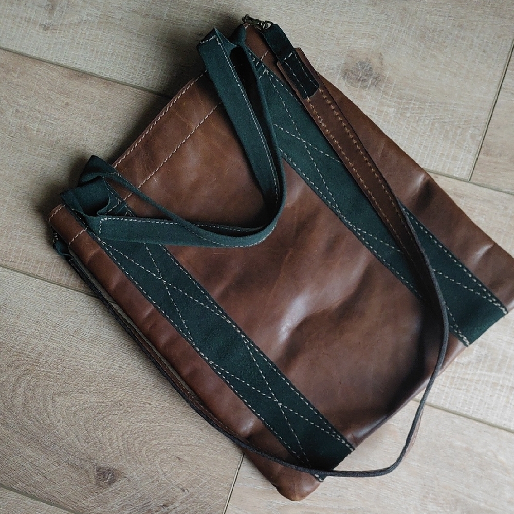 Brown and Green Leather Messenger Bags with Flap Closure